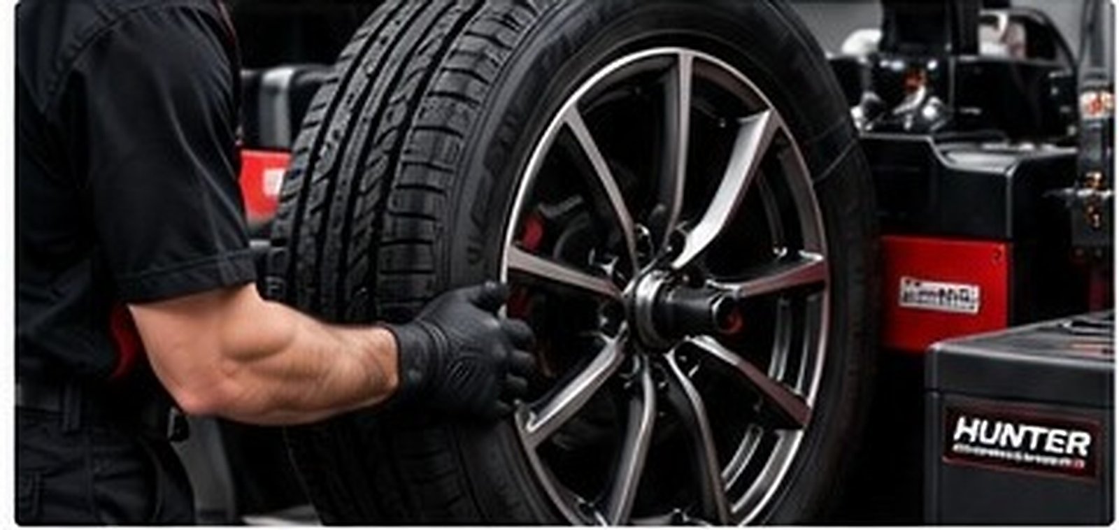 Technician balancing a tire on a wheel balancing machine